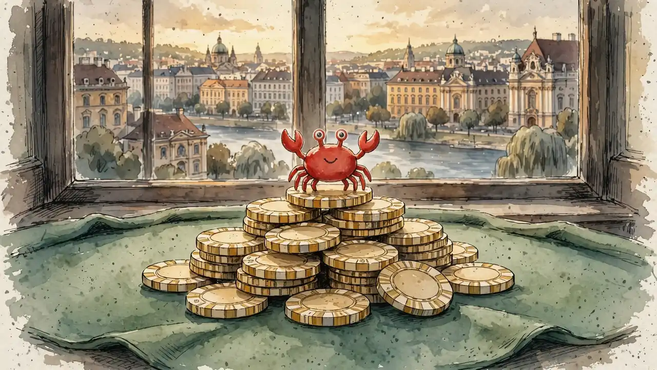Rote Bonus-Krabbe auf goldenen Casino-Chips mit Wiener Altstadt im Hintergrund