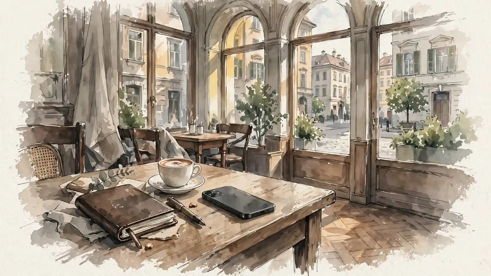 Smartphone auf einem Wiener Kaffeehaustisch neben Melange und Notizbuch.