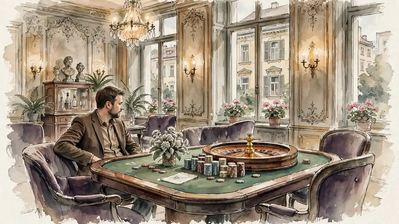 Elegante österreichische Casino-Lounge mit Roulette-Tisch und Chips