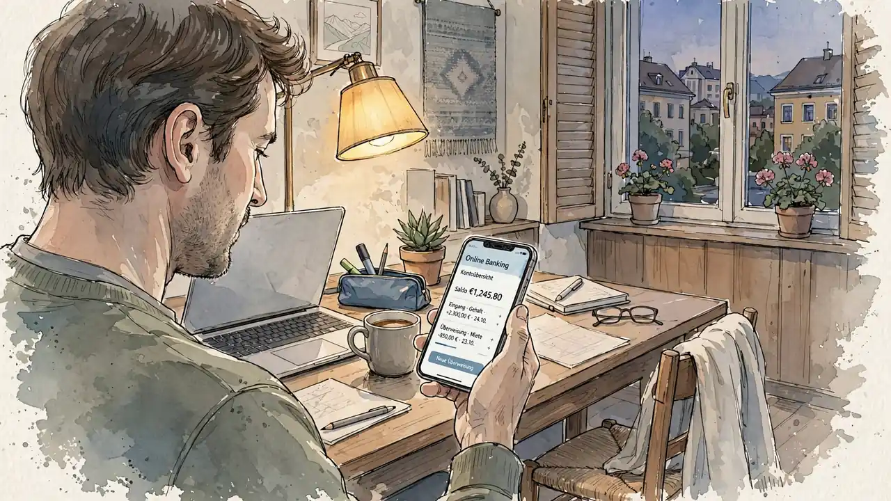 Person am Schreibtisch in österreichischer Wohnung mit Smartphone