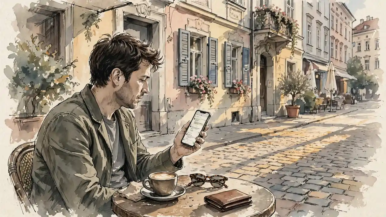 Person mit Smartphone an einem Wiener Straßencafé bei warmem Nachmittagslicht.