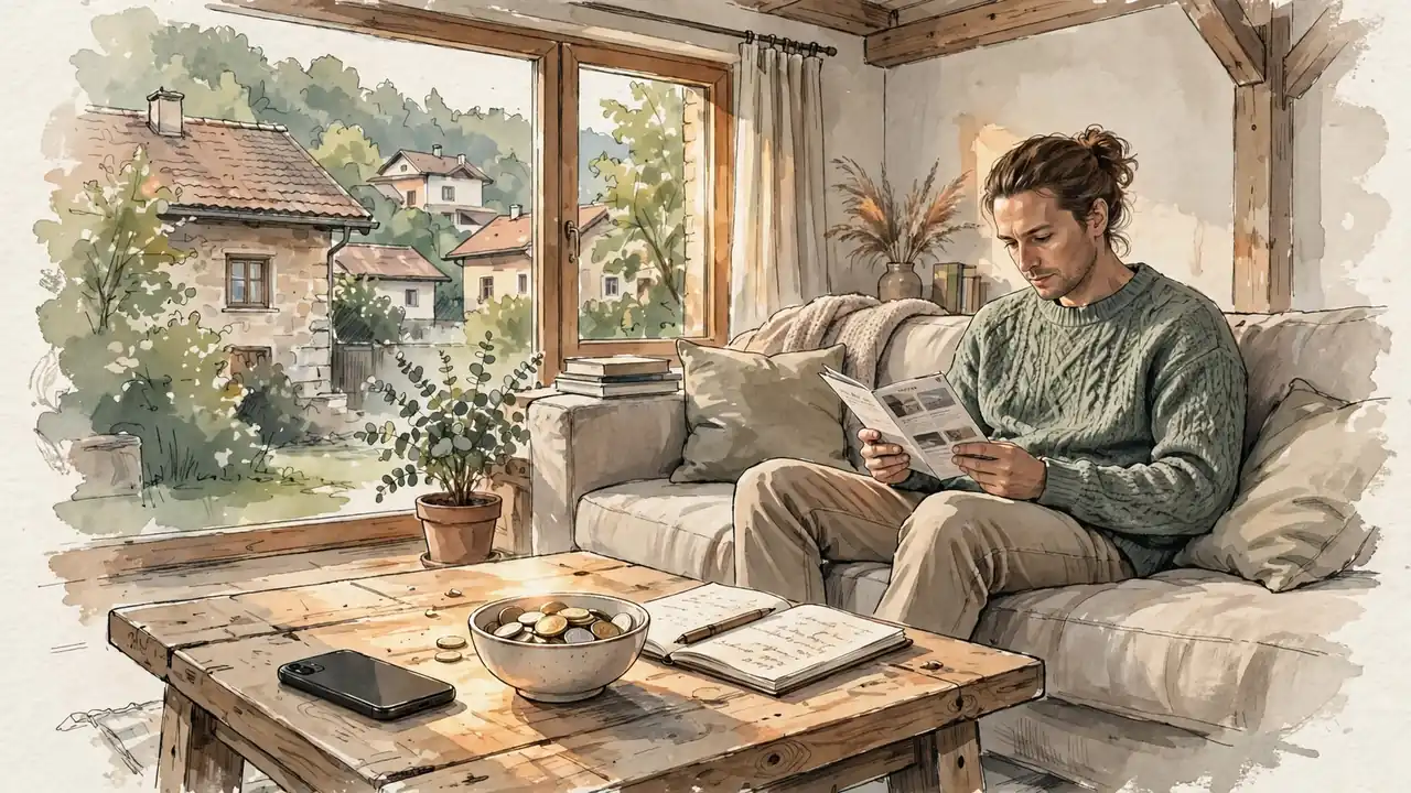 Wohnzimmer in Österreich mit Smartphone, Euromünzen und Notizbuch auf dem Tisch