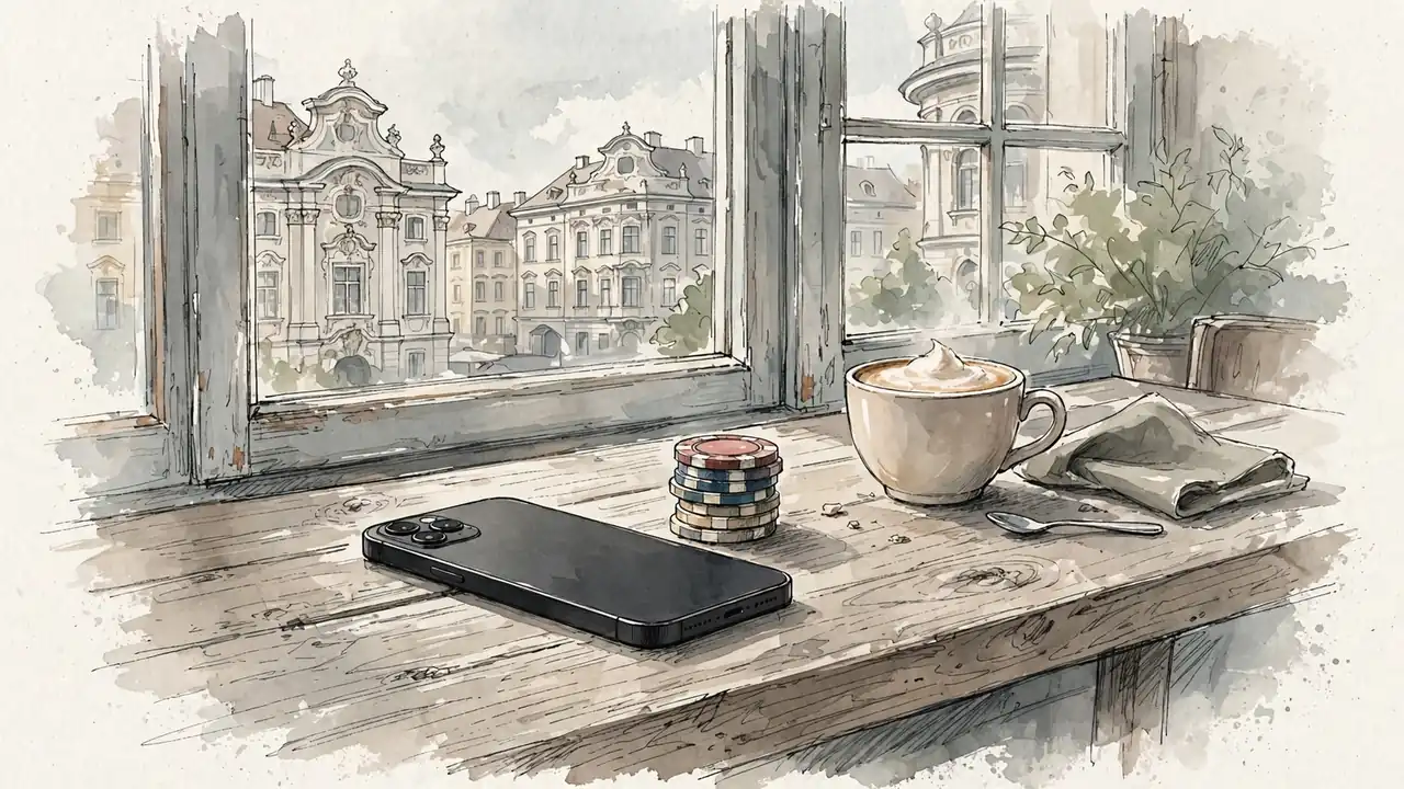 Smartphone mit Casino-Chips auf einem Tisch in Wien