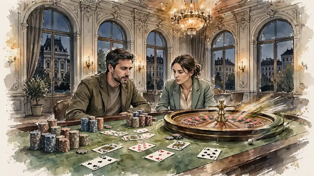 Roulette-Tisch mit Jetons und Spielkarten in elegantem Wiener Casino unter Kronleuchter