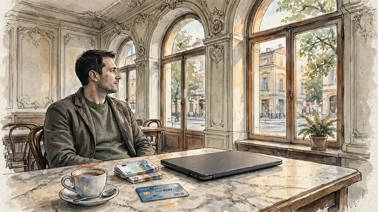 Person in Wiener Kaffeehaus mit Laptop und Bankkarte auf dem Tisch