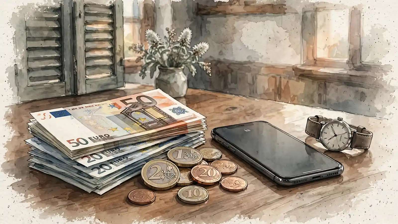 Euro-Geld und Smartphone auf Holztisch in österreichischem Interieur