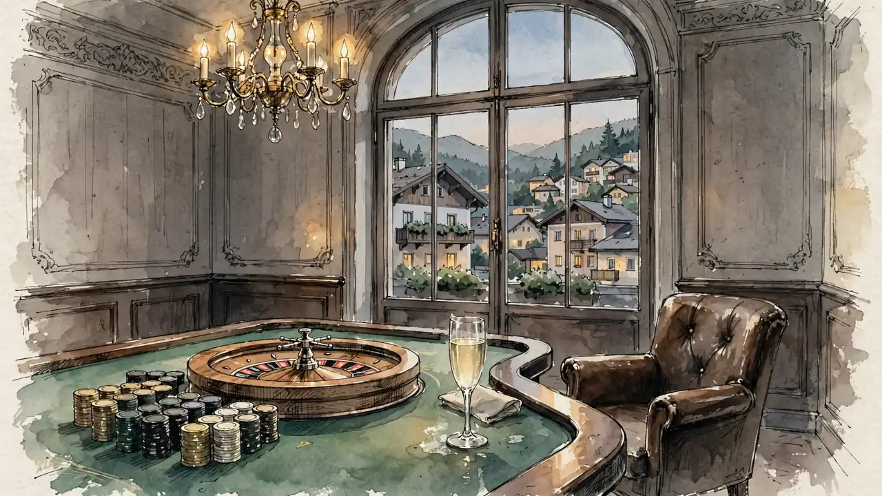 Eleganter österreichischer Casino-Salon mit Roulettetisch und warmem Kronleuchterlicht