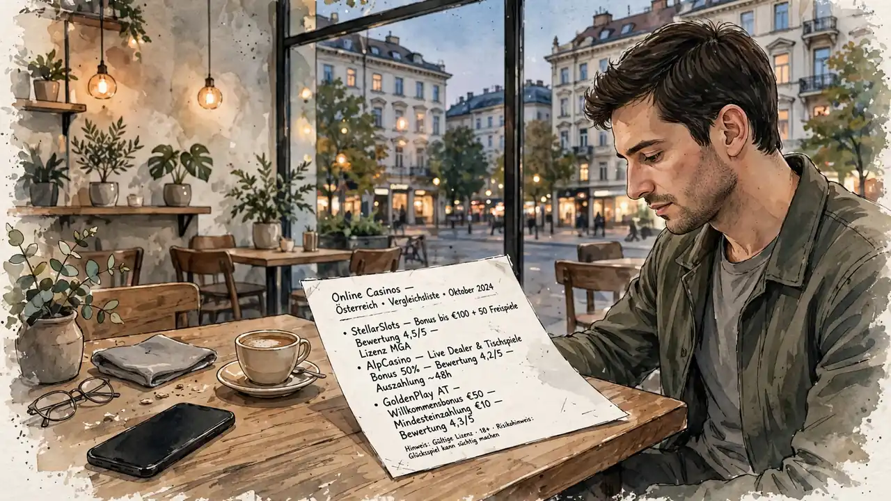 Junger Mann in einem Wiener Café vergleicht Online-Casino-Listen mit Kaffee