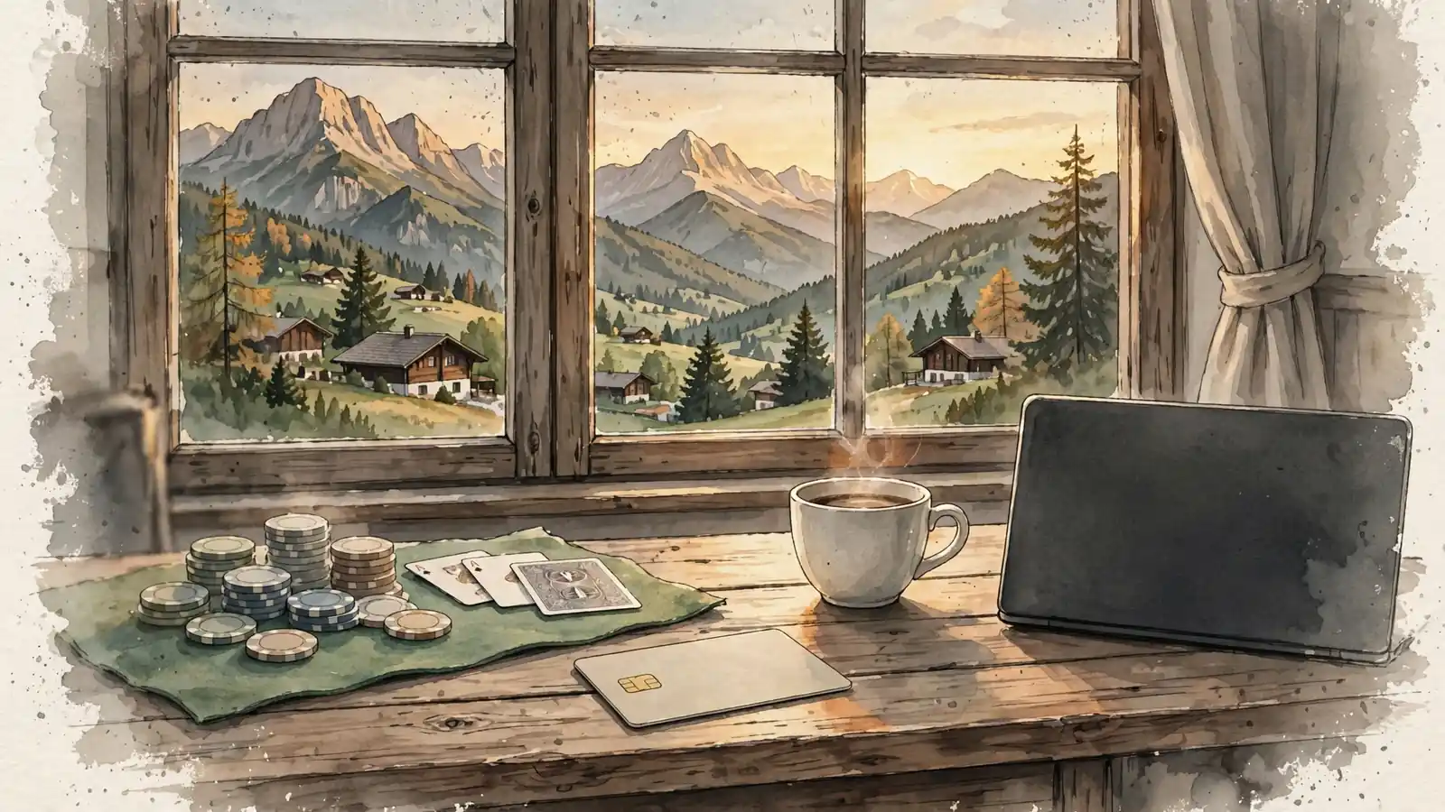 Schreibtisch mit neutraler Prepaid-Karte, geschlossenem Laptop und Spielchips vor alpinem Panorama in Österreich