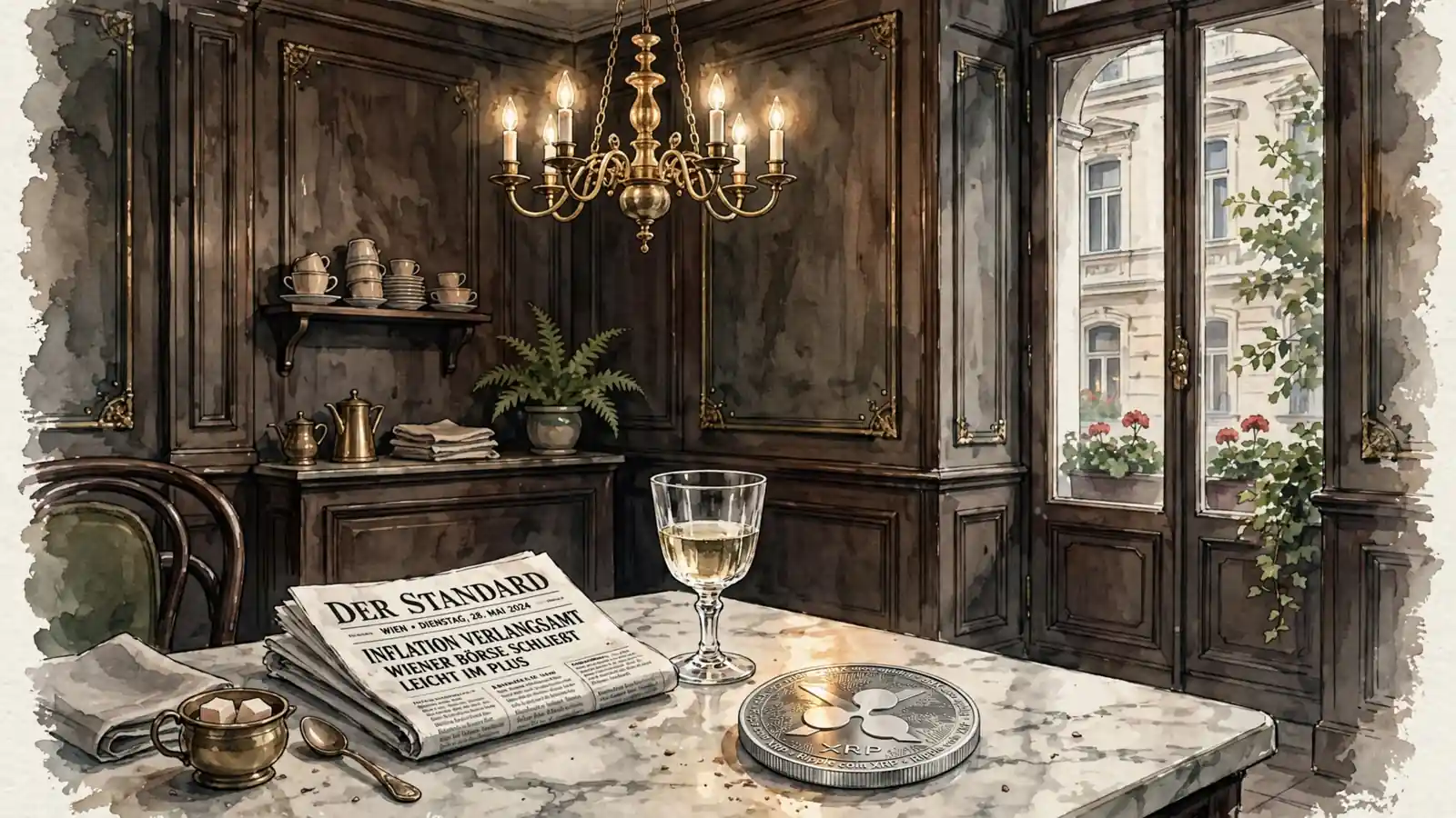 Elegantes Wiener Kaffeehaus mit XRP-Münze auf Marmortisch