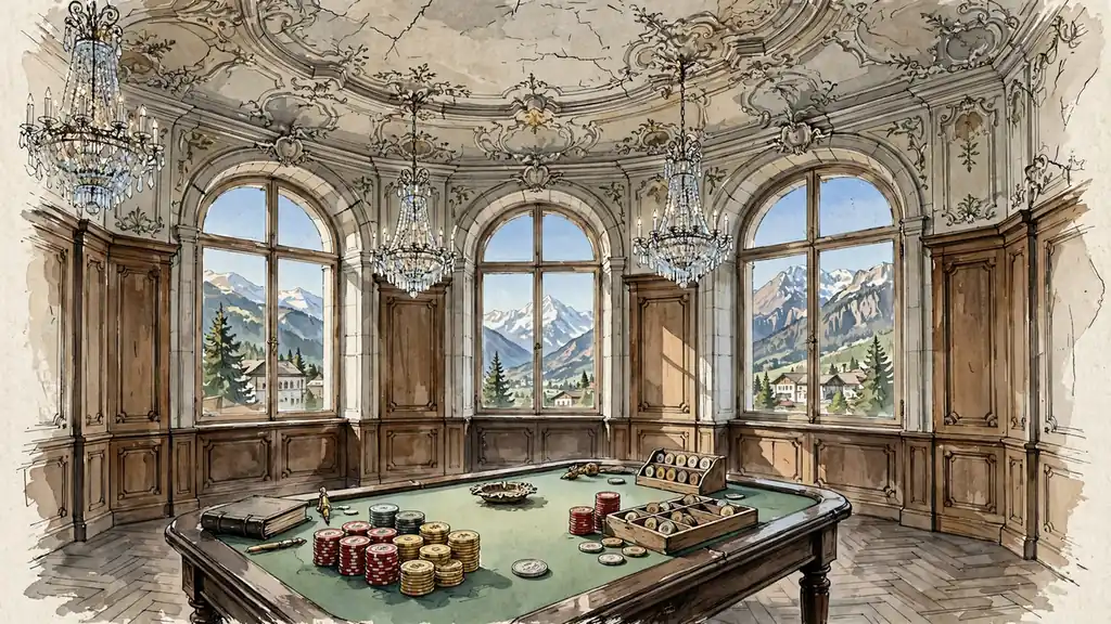 Klassische österreichische Spielhalle mit Barockdecke, Kronleuchtern, Casino-Chips und Alpenblick durch hohe Fenster