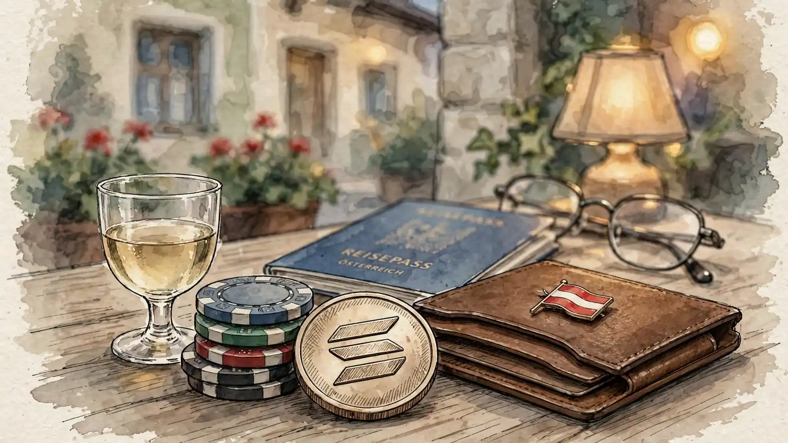 Österreichische Tischszene mit Casino-Chips, Wein und Solana-Münze