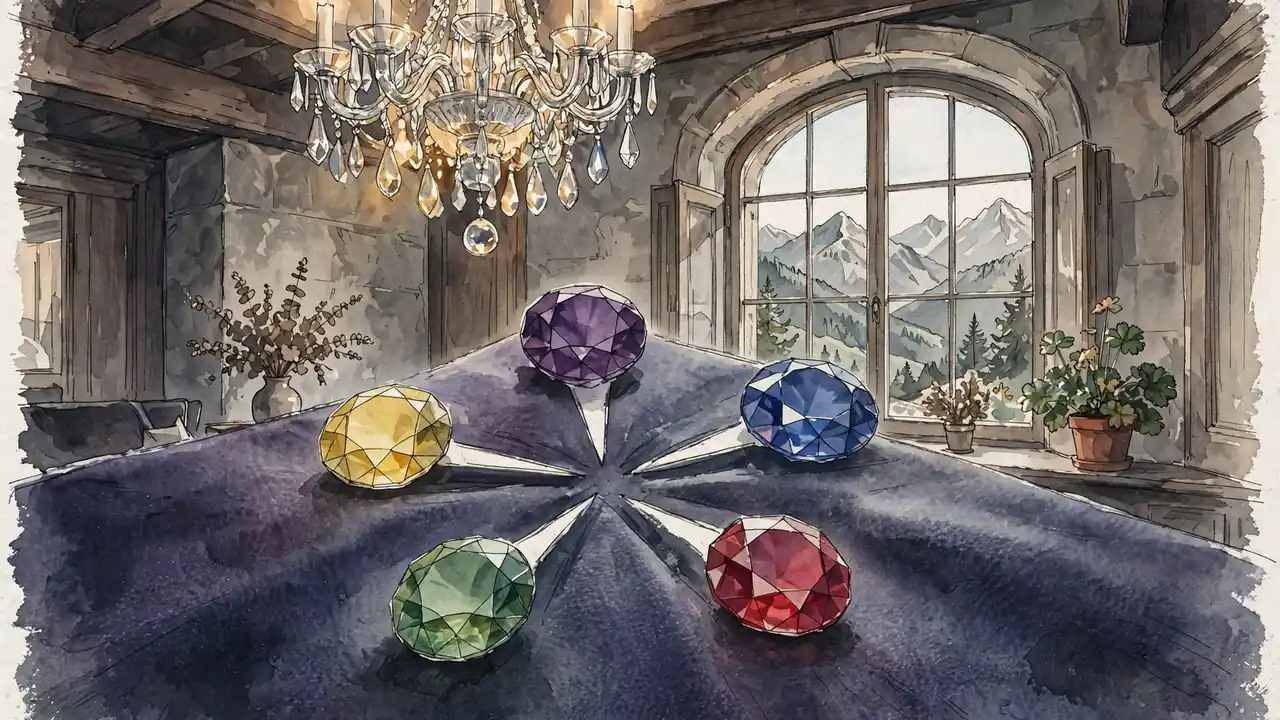 Bunte Edelsteine in Sternenmuster auf Samt, elegante österreichische Lounge mit Alpenblick