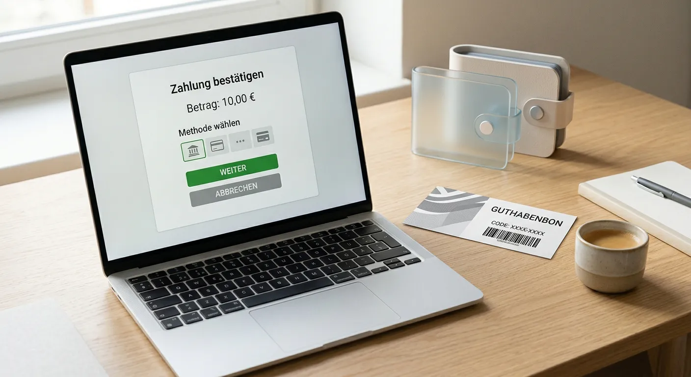 Neutrale Zahlungsübersicht mit E-Wallet und Paysafecard-Hinweis