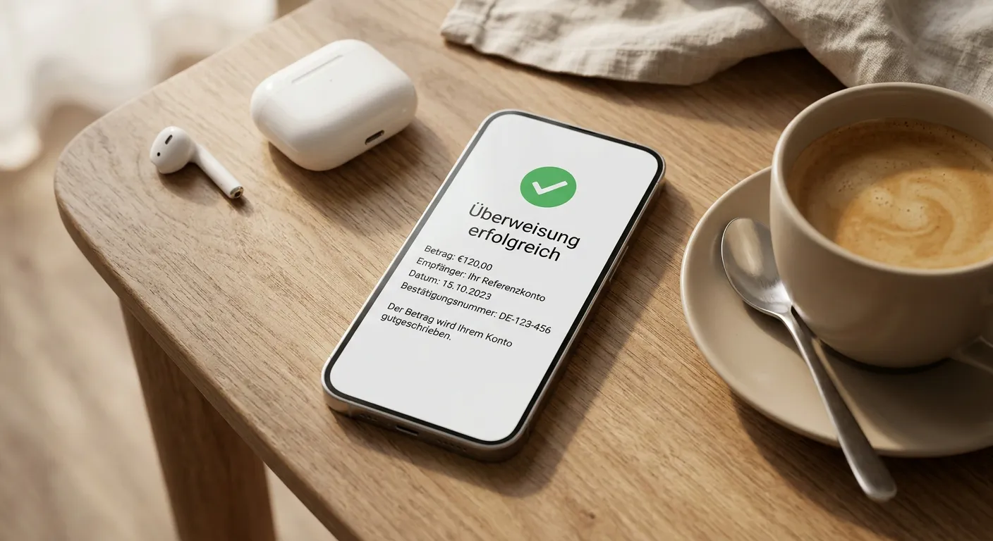 Smartphone mit neutraler Überweisungsbestätigung auf einem Holzschreibtisch