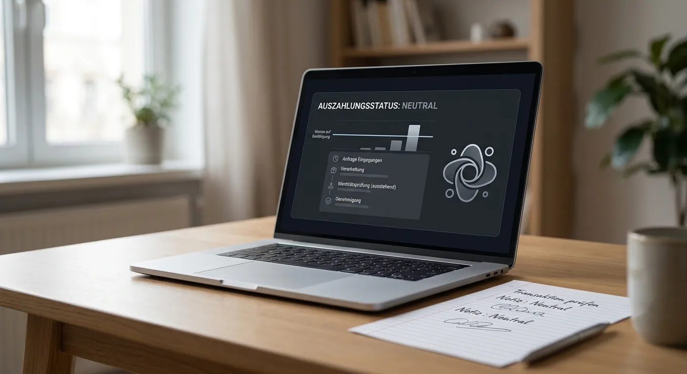 Neutrale Wallet-Auszahlung mit Transaktionsstatus auf einem Laptop
