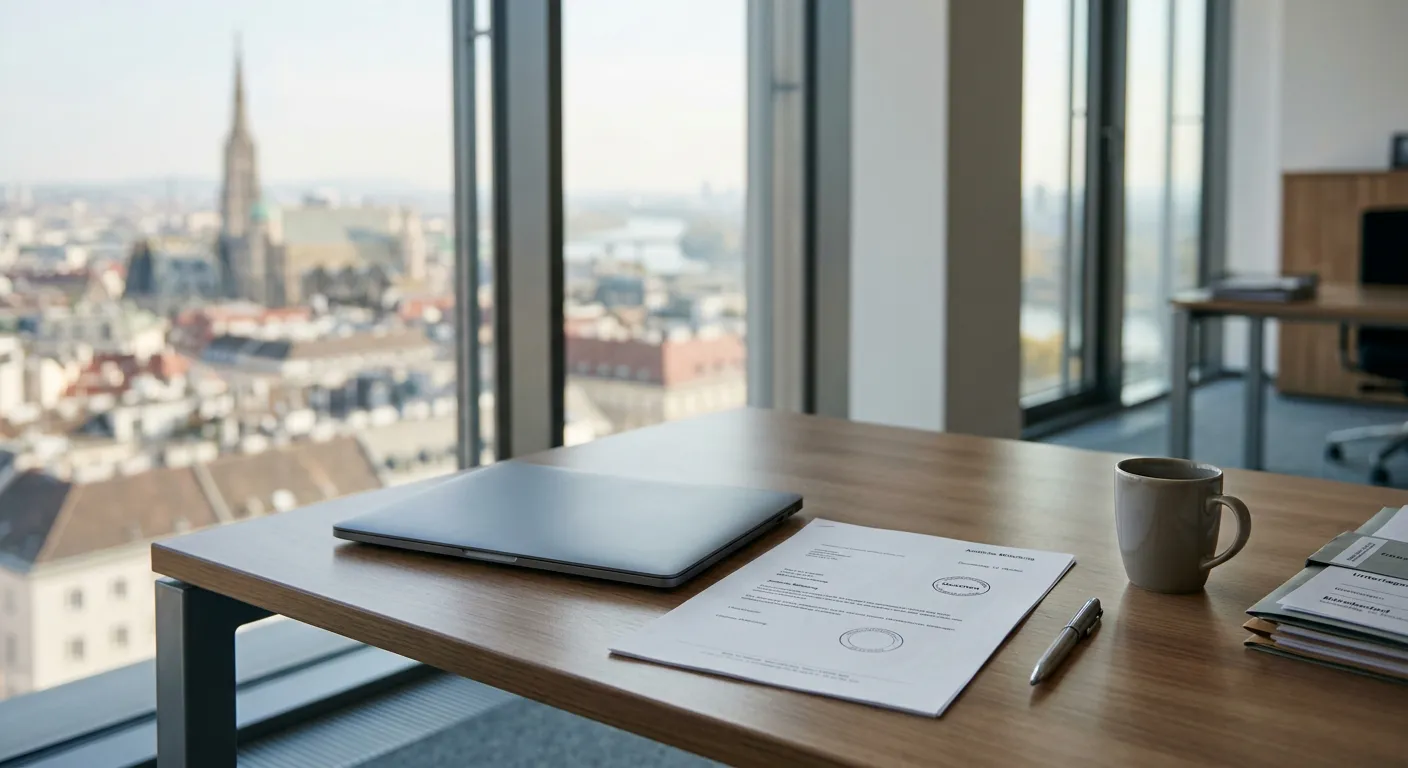 Moderner Arbeitsplatz mit Wiener Stadtblick durch das Fenster und einem neutralen Behördendokument