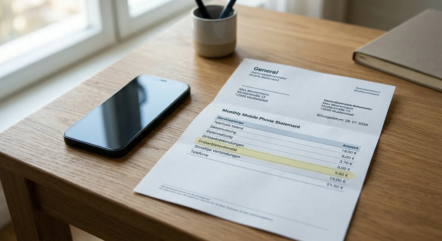 Smartphone mit neutraler Monatsrechnung und markiertem Drittanbieterbetrag