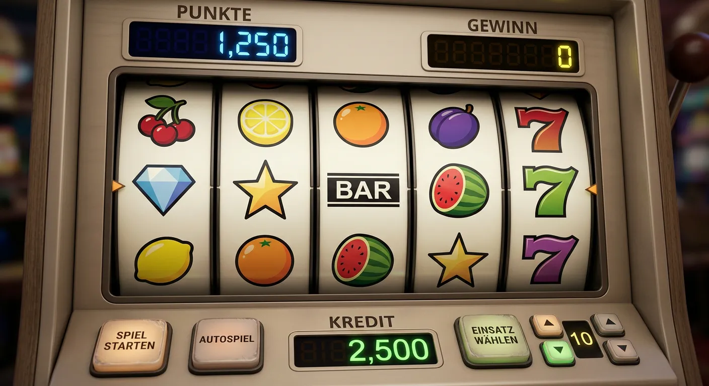 Neutrale Walzen mit bunten Symbolen auf einer Spielgeld-Demofläche