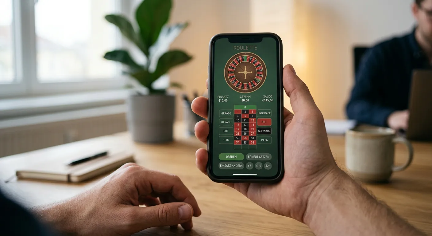 Hand und Smartphone mit neutraler Roulette-Oberfläche ohne Markenkennzeichen
