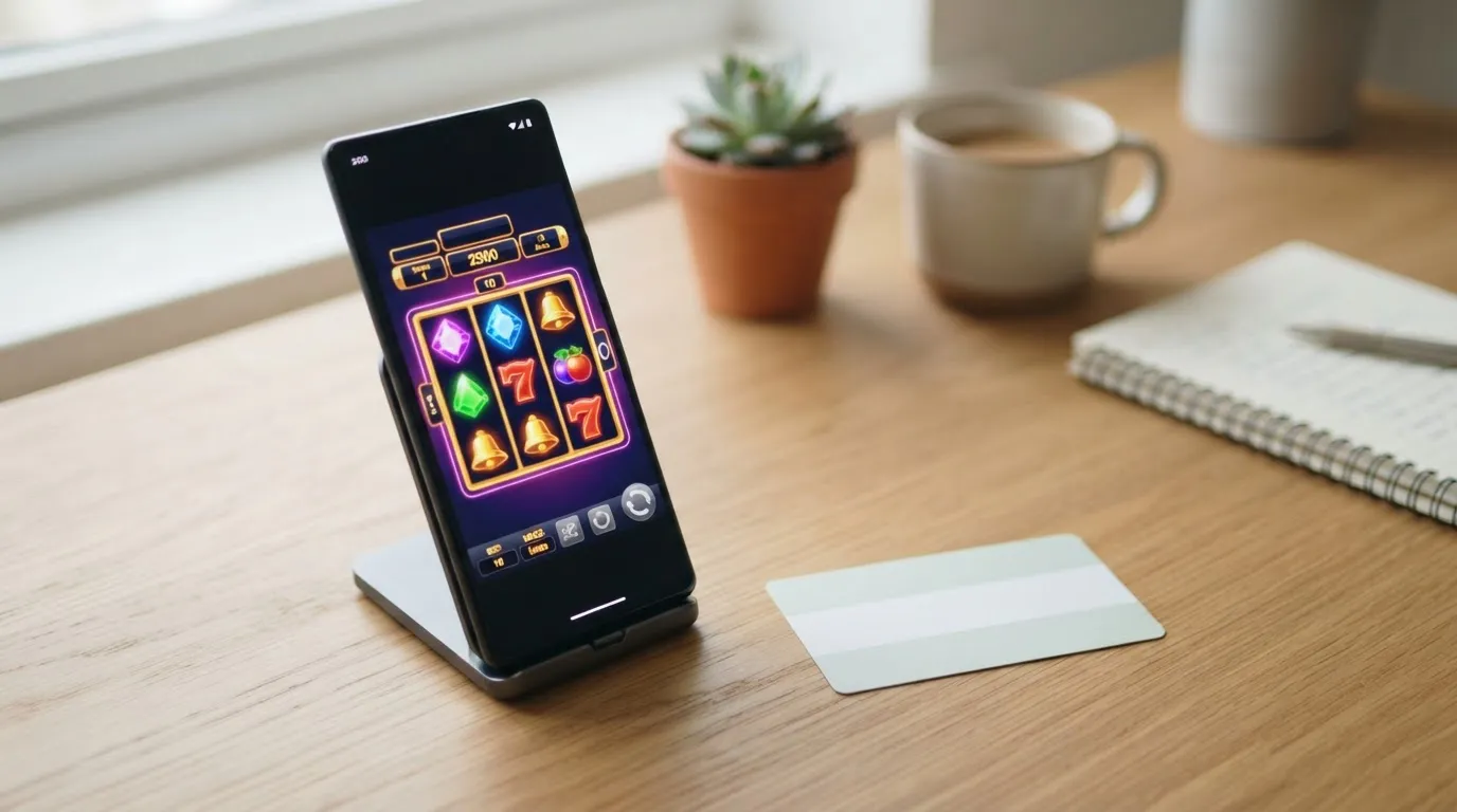 Smartphone mit neutralen Spielautomaten-Symbolen und paysafecard-ähnlichem Zahlungsbegriff ohne Logo