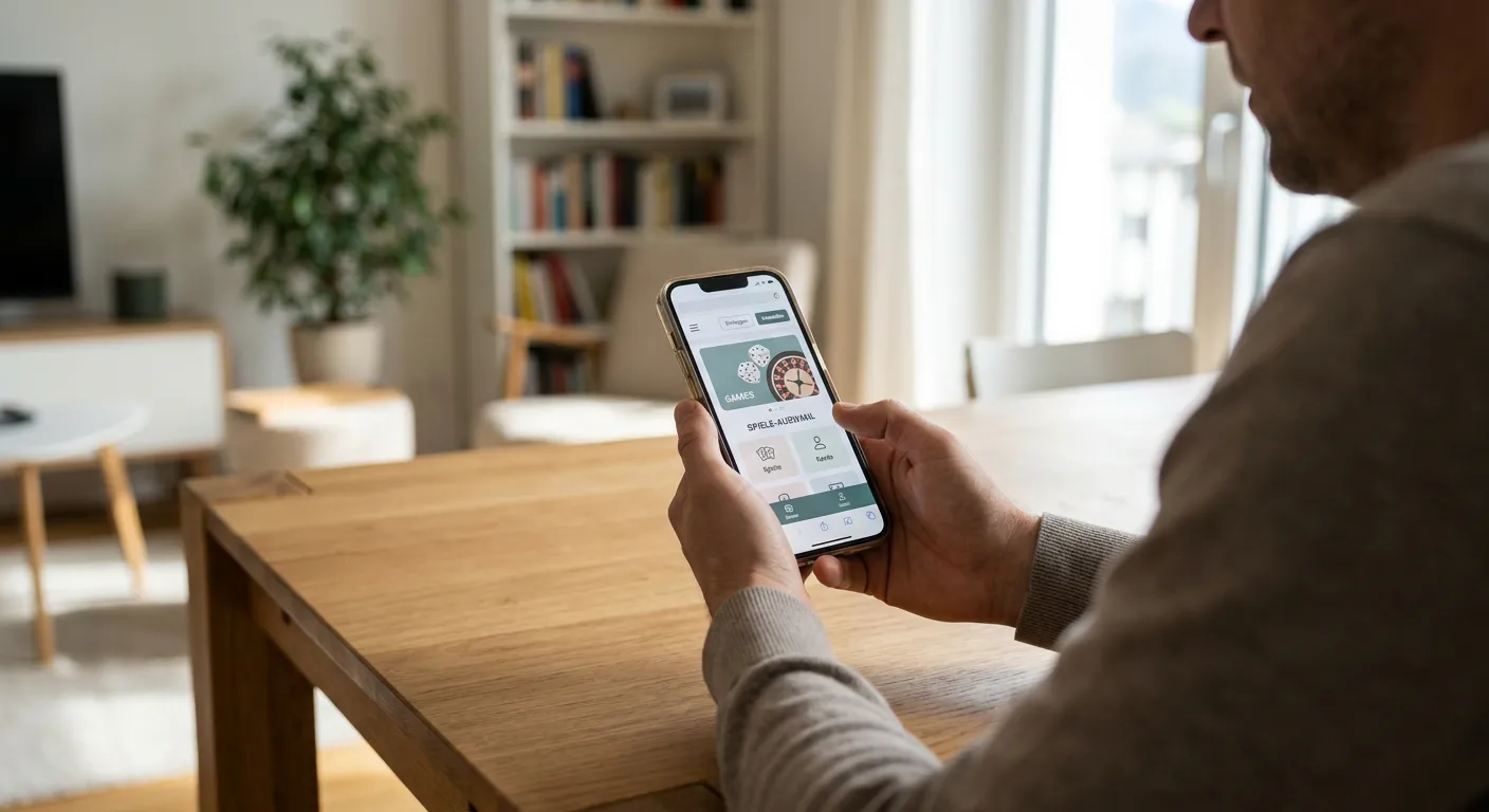Erwachsene Person nutzt ein Smartphone im mobilen Browser mit neutraler Casinoansicht