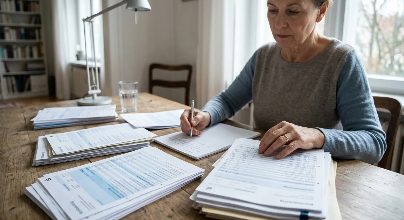Person ordnet Kontoauszüge, Transaktionslisten und handschriftliche Notizen auf einem Tisch, keine Banknoten und kein Rechner