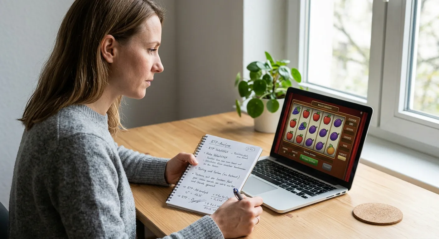 Person prüft technische Angaben eines neuen Spielautomaten am Laptop