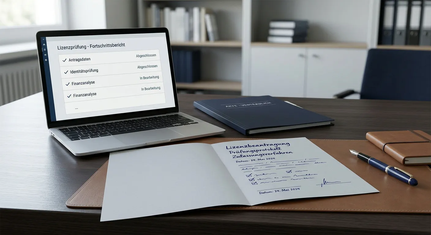 Neutrales Konzessionsdokument und Laptop mit österreichischer Glücksspielprüfung