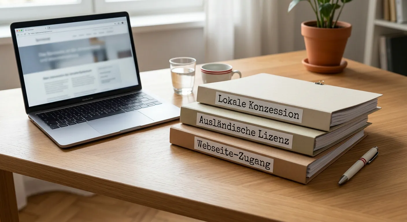 Schreibtisch mit drei neutralen Dokumentmappen für Konzession, Lizenz und Website-Prüfung