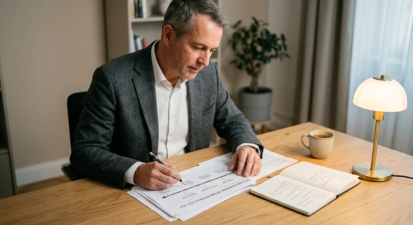 Person prüft gesetzliche Zeitlinie an einem Schreibtisch mit Notizbuch und Stift