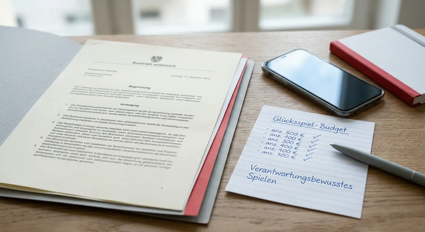 Neutrales österreichisches Rechtsdokument neben Smartphone und verantwortungsvollem Spielbudget
