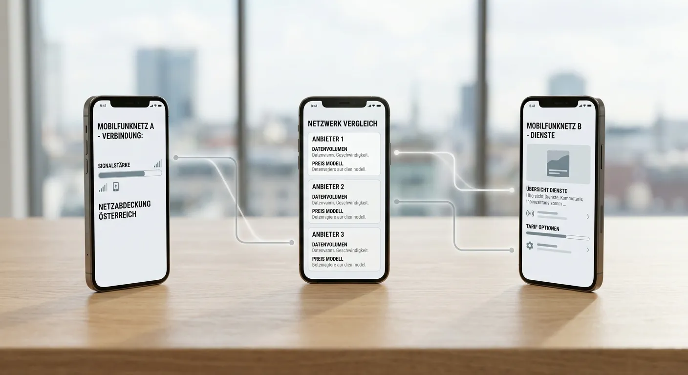 Österreichischer Mobilfunkvergleich für Zahlungen per Handyrechnung mit drei neutralen Symbolen