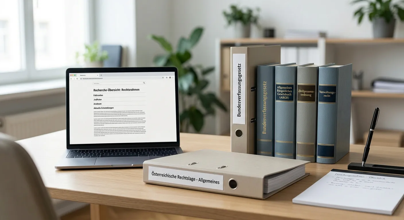 Neutraler Gesetzesordner neben Laptop und österreichischer Rechtsrecherche