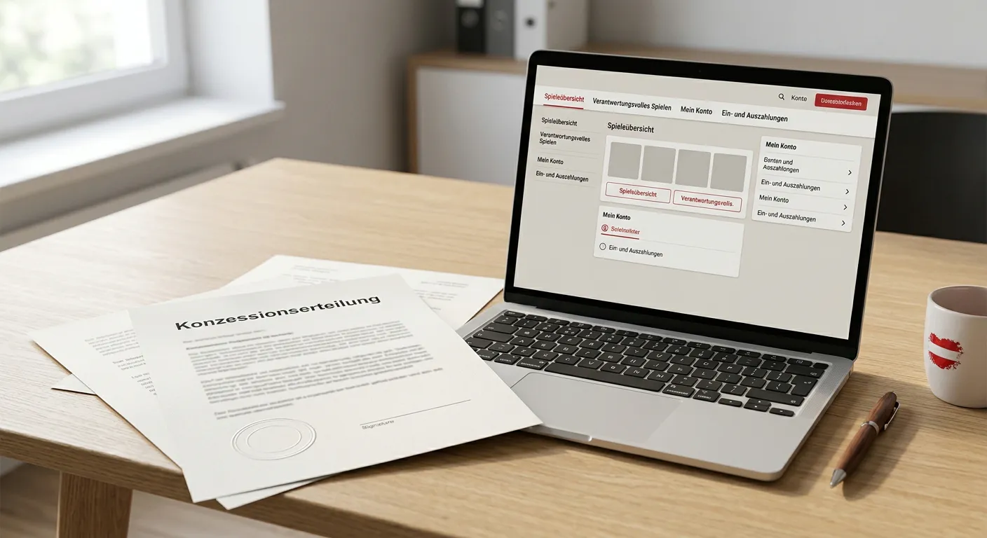 Neutrale österreichische Konzessionsunterlagen neben einem Laptop