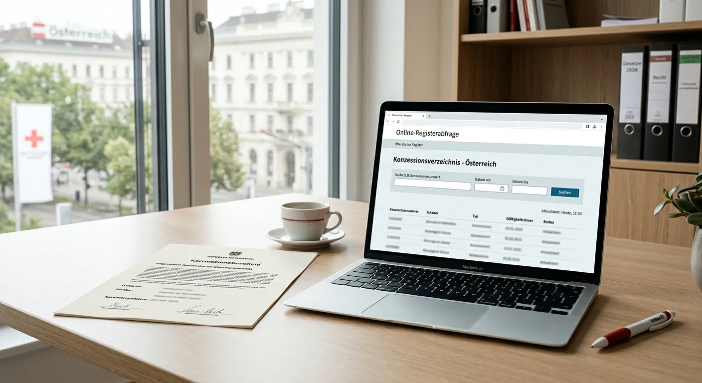 Neutrale österreichische Konzessionsunterlage neben einem Laptop ohne Logos