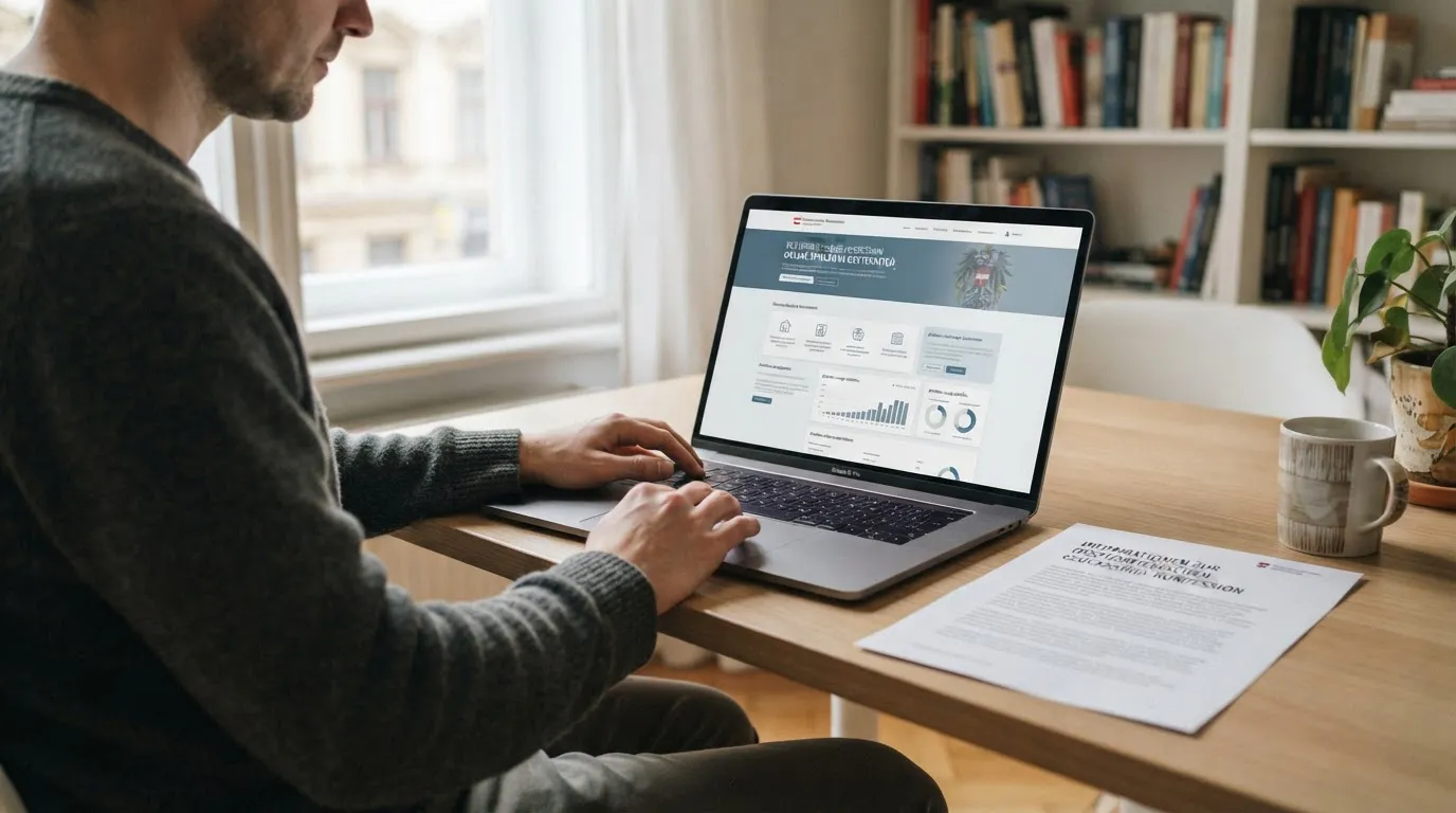 Neutrales österreichisches Konzessionsdokument neben einem Laptop