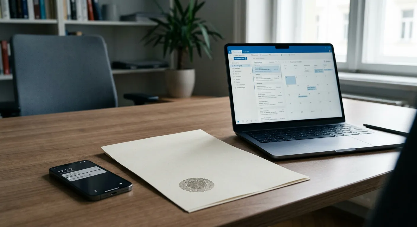 Neutrales österreichisches Konzessionsdokument neben Laptop ohne Logos
