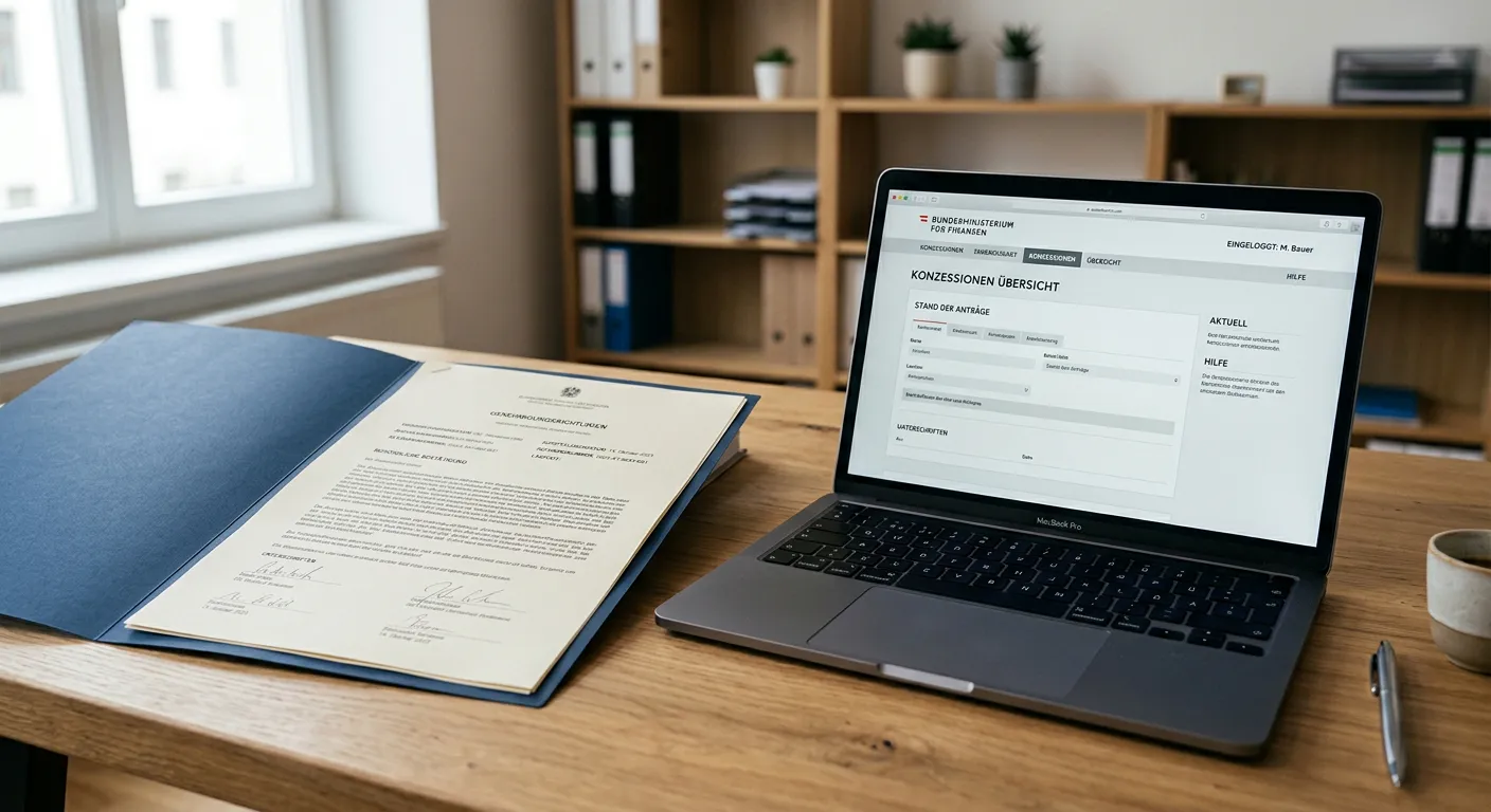 Neutrales österreichisches Konzessionsdokument neben einem Laptop