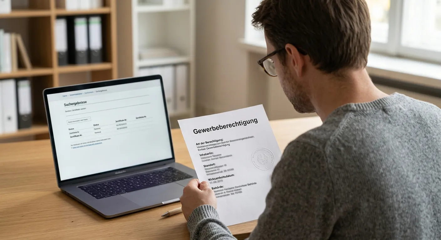 Neutrales österreichisches Konzessionsdokument neben einem Laptop ohne erkennbare Logos