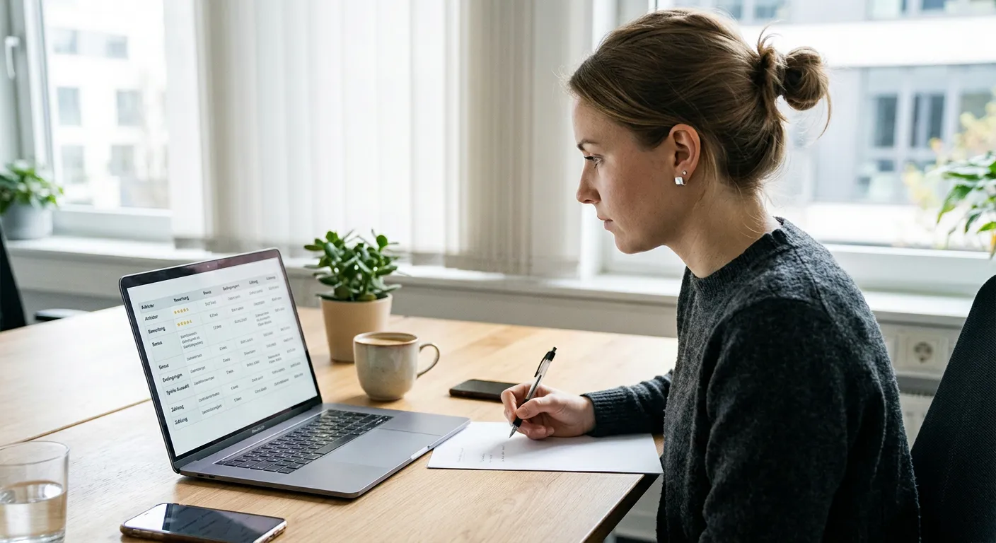 Person prüft eine neutrale Tabelle mit Mindestbeträgen am Laptop