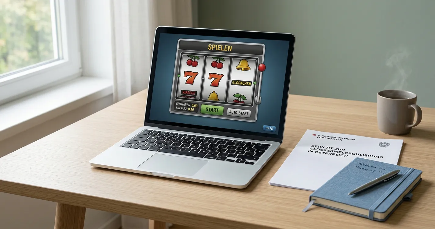 Laptop mit neutraler Slot-Oberfläche und österreichischem Spielerschutz-Dokument