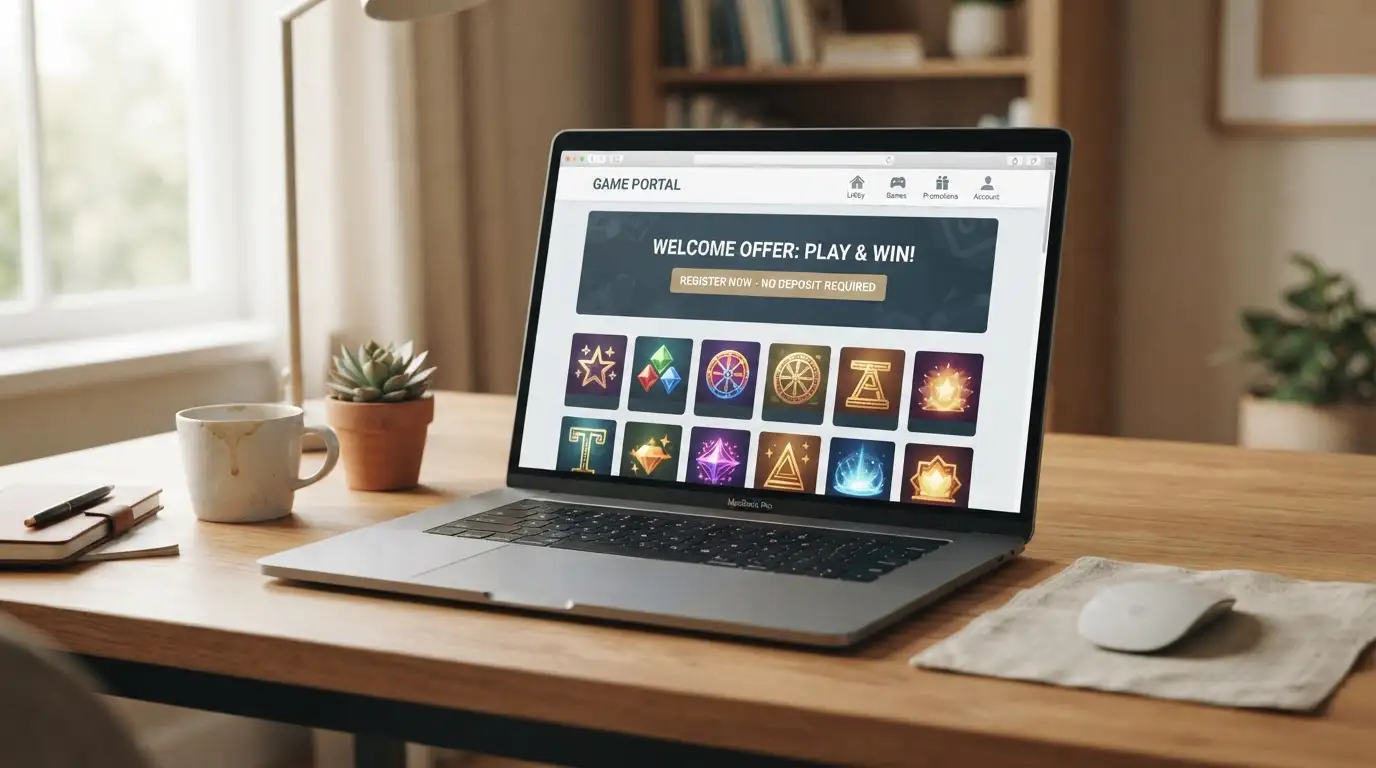 Laptop mit geöffnetem Browser-Casino und gestapelten Münzen auf Schreibtisch