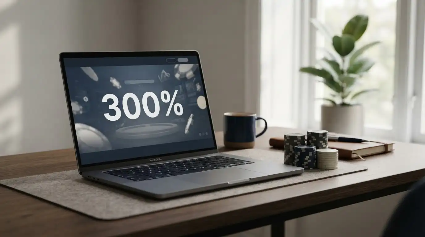 300-%-Willkommensbonus auf einem Laptop-Bildschirm mit Poker-Chips im Vordergrund