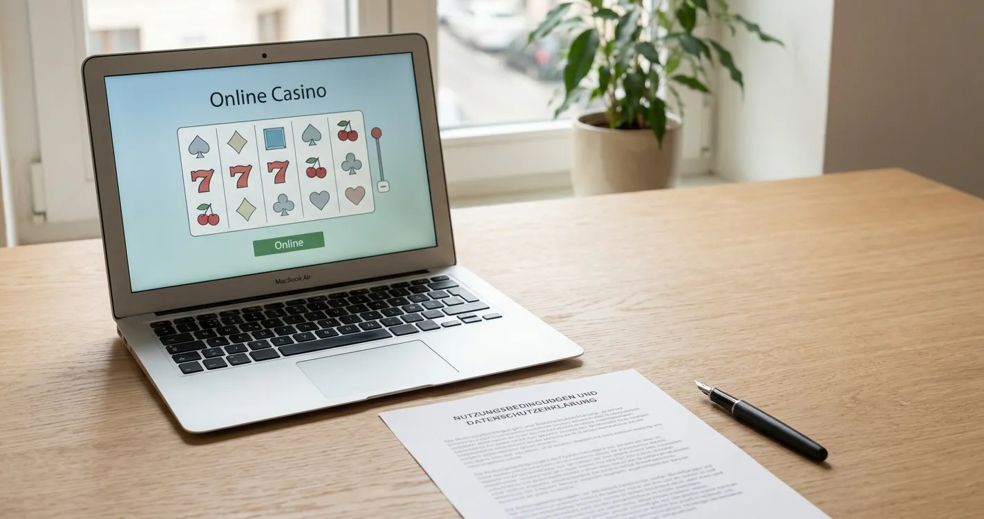 Laptop mit neutraler Casinovergleich-Tabelle und österreichischer Landkarte