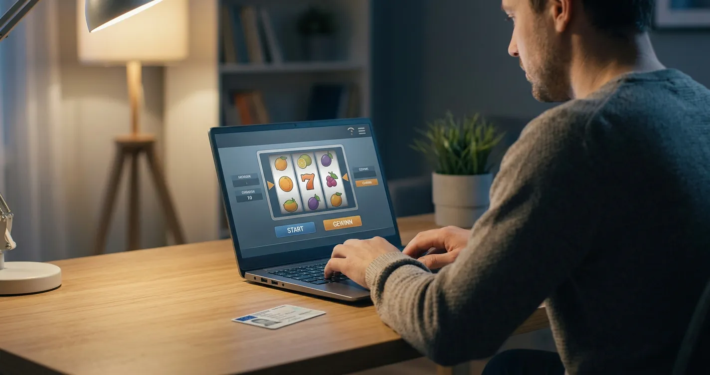 Person am Laptop startet ein Online Casino ohne Ausweis in Österreich