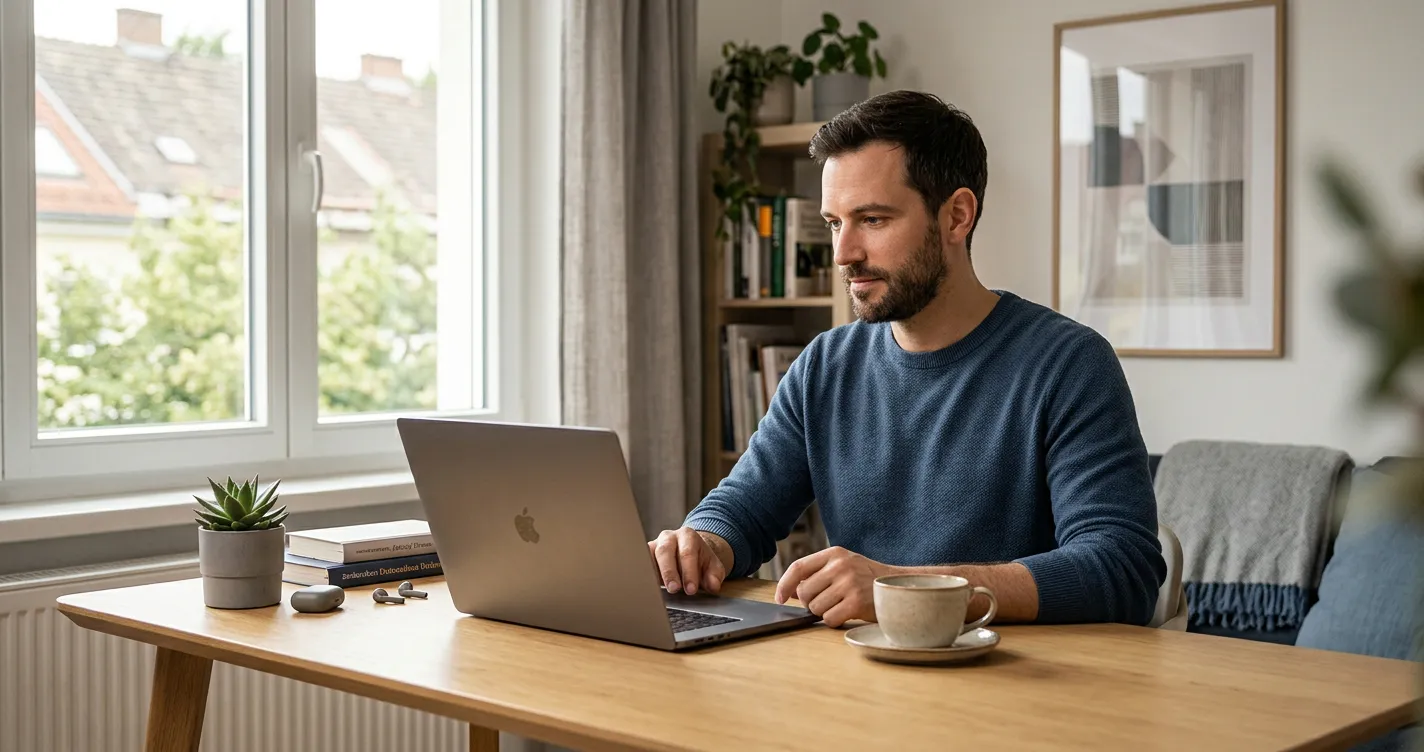 Person am Laptop wartet auf die Auszahlung im Online Casino ohne Wartezeit