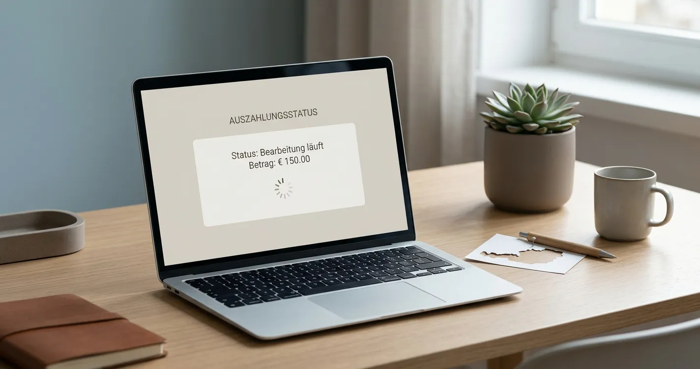Laptop mit neutraler Auszahlungsansicht und österreichischer Notiz