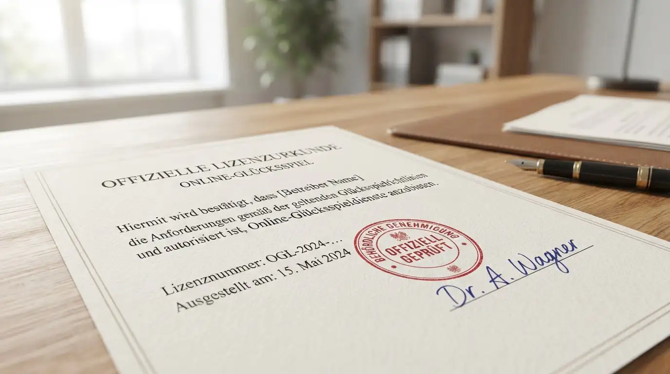 Offizielles Lizenzdokument auf Schreibtisch mit Stempel und Unterschrift