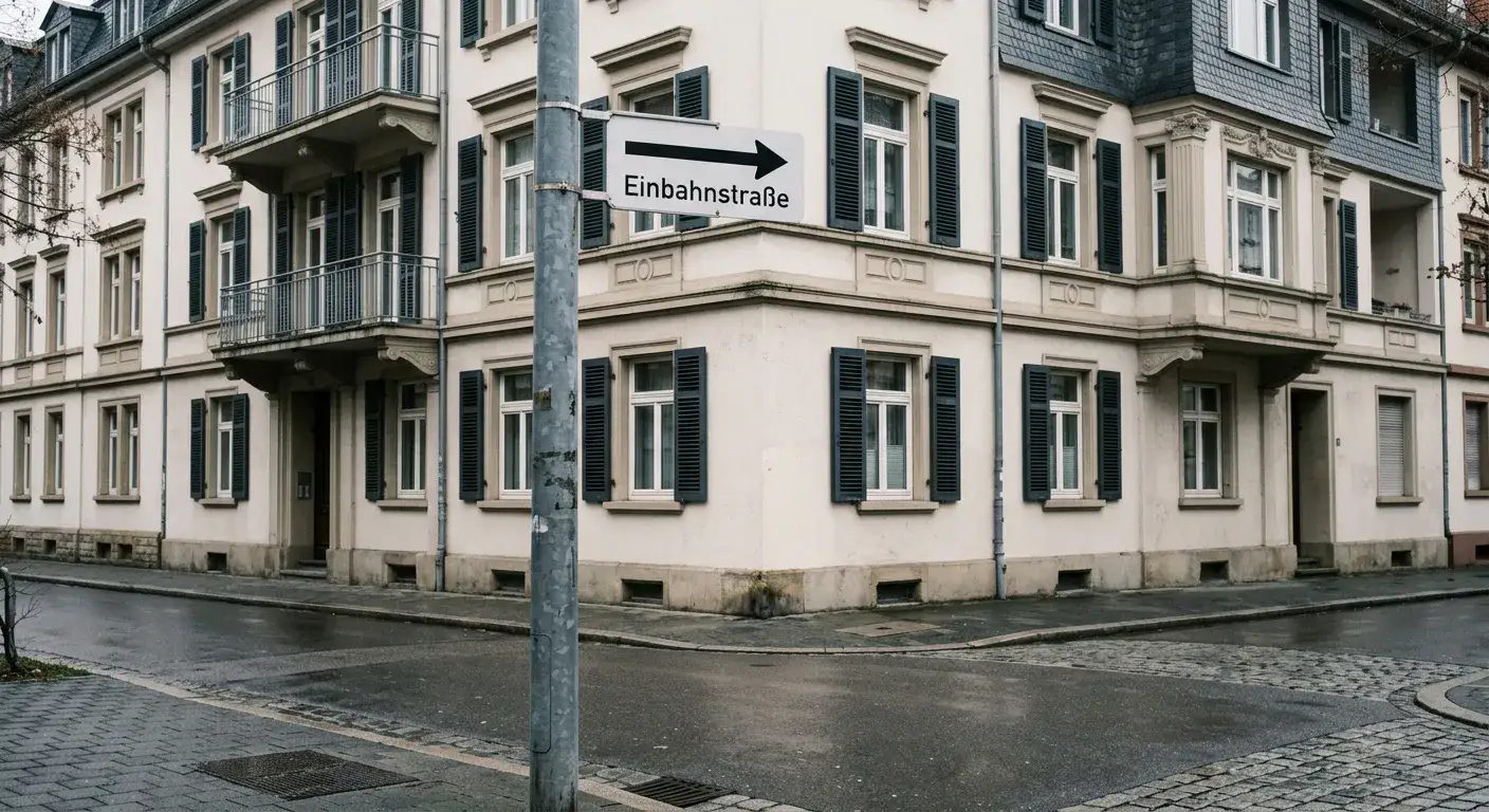 Einbahnstraßenschild vor neutraler Häuserfront als Sinnbild der Prepaid-Zahlung